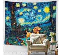Arazzo con cane notte stellata, giallo blu da appendere alla parete per decorazione domestica, accogliente arazzo estetico per camera da letto, soggiorno, amanti dei cani, 203 x 152 cm