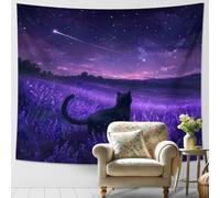 Arazzo con cielo notturno alla lavanda, decorazione artistica da parete con gatto, decorazione estetica da sogno per camera da letto, soggiorno, accogliente, ideale per l'estate e l'autunno. 152 x 101