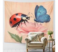 Arazzo con coccinella e farfalla, fiore di pesca primaverile da appendere alla parete, affascinante estetica decorativa per camera da letto, soggiorno, camera dei bambini, 203 x 152 cm