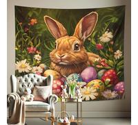 Arazzo con coniglietto pasquale, uova colorate primaverili da appendere alla parete, grazioso coniglio decorazione floreale per soggiorno, camera da letto, 152 x 127 cm
