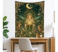 Arazzo con dea della foresta, verde bohémien da appendere alla parete con animali, decorazione mistica per la casa per soggiorno, camera da letto, arazzo estetico, 127 x 152 cm