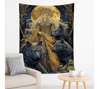 Arazzo con dea e lupi, blu e giallo, arte da parete della natura mistica per decorazione domestica bohémien, arazzi estetici per soggiorno, camera da letto e dormitorio, 152 x 203 cm