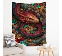 Arazzo con drago, pietre preziose e monete, arte da parete fantasia, arazzo magico per camera da letto, soggiorno, dormitorio, 152 x 203 cm