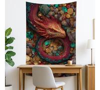Arazzo con drago, pietre preziose e monete, arte da parete fantasia, arazzo magico per camera da letto, soggiorno, dormitorio, 127 x 152 cm