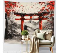 Arazzo con foglie d'acero rosso, santuario giapponese Torii, da appendere alla parete, arte decorativa autunnale per soggiorno, camera da letto, dormitorio, estetica ispirata alla natura, 203 x 152 cm