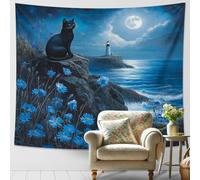 Arazzo con gatto al chiaro di luna, blu floreale costiero decorativo da appendere alla parete, arazzo da sogno estetico per soggiorno, camera da letto, decorazione per la casa, 203 x 152 cm
