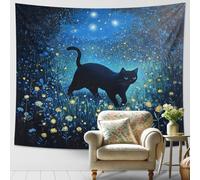 Arazzo con gatto e cielo notturno, paesaggio floreale blu, da appendere alla parete, decorazione estetica da sogno per soggiorno, camera da letto, accogliente, 203 x 152 cm