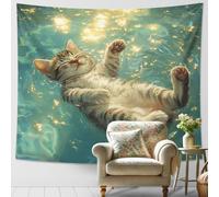 Arazzo con gatto galleggiante sull'acqua, decorazione per la casa blu scintillante da appendere alla parete, arazzo estetico estivo per camera da letto, soggiorno, ufficio, 203 x 152 cm