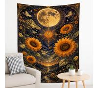 Arazzo con girasole e luna, mistico floreale da appendere alla parete per decorazione bohémien, arte estetica per soggiorno, camera da letto, spazio per meditazione, 178 x 228 cm