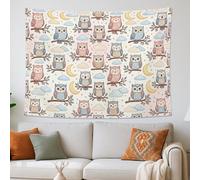 Arazzo con gufo e luna blu pesca, grazioso animale della foresta, arazzo decorativo da parete estetico per soggiorno, camera da letto, dormitorio, 203 x 152 cm