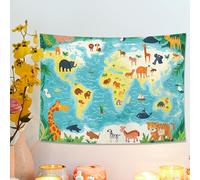 Arazzo con mappa del mondo con animali della giungla, da appendere alla parete, decorazione educativa per camera dei bambini, stanza dei giochi, soggiorno, arazzi divertenti, 121 x 91 cm