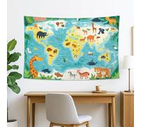 Arazzo con mappa del mondo con animali della giungla, da appendere alla parete, decorazione educativa per camera dei bambini, stanza dei giochi, soggiorno, arazzi divertenti, 152 x 102 cm