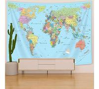 Arazzo con mappa del mondo, mappa del mondo, per bambini, studenti, arazzo blu da appendere alla parete per camera da letto, vintage Asia Europa South City Topografia America Africa Giappone arazzo