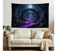 Arazzo con paesaggio fantasy della foresta incantata, 152 x 101 cm | Luna piena, tessuto da appendere alla parete, alberi contorti, sentiero incantato, paesaggio fantasy scuro, natura surreale