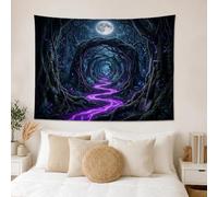 Arazzo con paesaggio fantasy della foresta incantata, 203 x 152 cm | Luna piena, tessuto da appendere alla parete, alberi contorti, sentiero incantato, paesaggio fantasy scuro, natura surreale