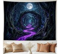 Arazzo con paesaggio fantasy della foresta incantata, 228 x 178 cm | Luna piena, tessuto da appendere alla parete, alberi contorti, sentiero incantato, paesaggio fantasy scuro, natura surreale