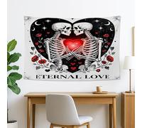 Arazzo con scheletri d'amore, cuore bianco e nero da appendere alla parete, arte decorativa gotica per soggiorno, camera da letto, estetica di Halloween, 152 x 101 cm