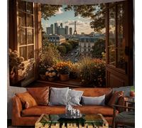 Arazzo Da Parete 200x150cm Arazzos Balcone Torre Eiffel, Vista Realistica Di Parigi Dalla Finestra Arazzo Da Parete in Tessuto Decorazione per La Casa, Soggiorno, Camera Da Letto, Dormitorio, Marrone