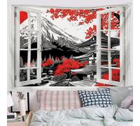 Arazzo da Parete Antichi Edifici Del Monte Fuji - Appeso da Parete - 230x180 cm - Poster da Stile Giapponese Ukiyo-E per Camera da Letto Soggiorno Dormitorio Murale Decorazione, Grigio Scuro