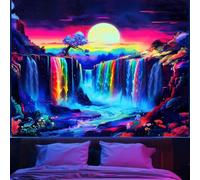 Arazzo da Parete Black Light Waterfall Moon Mountain Tree Wave Tapestry M | Stampa Attaccatura a Muro Grande Coperta da Spiaggia per Camera Home Interna