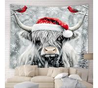 Arazzo Da Parete Christmas Highland Cow Merry Christmas Farmhouse Funny Cow Winter Snow Snowflake Red Bird Tapestries Decorazione Arazzi Multiuso Tapestry Per Dormitorio Living Room 130X152CM
