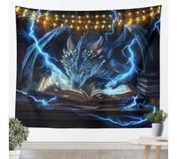 Arazzo da parete con drago occidentale, taglia L, libro di magia, flash, blu per dormitorio, fauna magica occidentale, arte da appendere alla parete per adolescenti