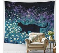 Arazzo da parete con gatto nel campo di fiori, verde violetto, decorazione estetica per la casa per camera da letto, soggiorno, dormitorio, perfetto per primavera ed estate, 203 x 152 cm