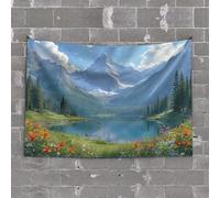 Arazzo da parete con lago di montagna con fiori e cime innevate, decorazione per grotta dell'uomo e accessori, decorazione per grotte degli uomini del bar (100 x 150 cm)