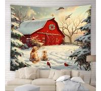 Arazzo Da Parete Farmhouse Christmas Rustic Farm Barn Cute Dog Cat Nature Xmas Tree Snow Winter Tapestry Moderni Tapestries Decorazione Arazzo Da Appendere Per Living Room Festa 130X152CM