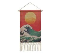 Arazzo da parete in lino, il sole che sorge sulle onde, poster vintage da parete con nappa e asta in legno