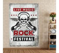 Arazzo da parete in metallo con musica dal vivo, festival rock vintage, hard punk, decorazione da parete, per casa, camera da letto, dormitorio, camera da letto, decorazione da parete, 21,9 x 190 cm