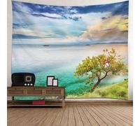 Arazzo da parete in poliestere, blu bianco verde albero mare cielo arte arazzo 200 x 200 cm
