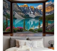 Arazzo Da Parete Paesaggio Di Valle E Lago 230 X 150 Cm Arazzo Grande Finestre Realistiche Dal Pavimento Al Soffittoblu-Verde Arazzi Morbido Decorazione Per Camera Da Letto Soggiorno, Dormitorio