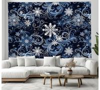 Arazzo da parete per camera Tema natalizio, Vortice di fiocchi di neve, Blu scuro, grande soggiorno, estetico, Art Deco, 150x200cm