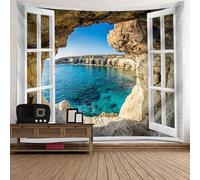 Arazzo da parete per le donne in poliestere, verde marrone bianco finestra mare grotta paesaggio retrò arazzo 150 x 150 cm