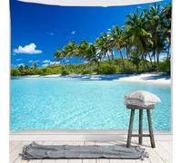 Arazzo da parete, per spiaggia, mare, paesaggio, blu, cielo, sole, albero, telo decorativo da parete, 240 x 220 cm
