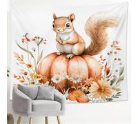 Arazzo Da Parete Squirrel On Pumpkin Autumn Fall Cute Flower Aesthetic Tapestries Moderni Arazzi Colorato Tapestry Per Living Room Dormitorio Camera Da Letto 130X152CM