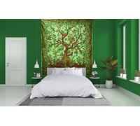 Arazzo da parete verde con albero della vita, in cotone indiano, psichedelico, medio, bohémien, hippie, per soggiorno, camera da letto, telo da spiaggia (verde, 215 x 137 cm)