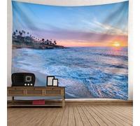 Arazzo decorativo da parete in poliestere, blu, giallo, beige, tramonto sul mare, arazzo per ufficio, 350 x 256 cm