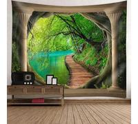 Arazzo decorativo da parete in poliestere, verde e marrone, per balcone, sentiero sul lago, arazzo da appendere, 150 x 150 cm