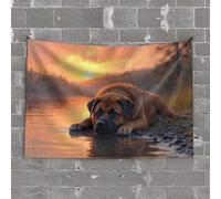 Arazzo decorativo da parete per camera da letto, motivo "La serenità del tramonto", con scritta "A Dog's Peaceful Rest By The Lake", decorazione da parete per camera da letto (75 x 100 cm)