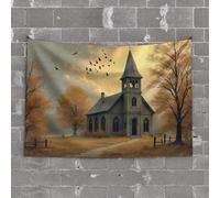 Arazzo divertente autunnale Serenità: una chiesa nel bosco arazzo per camera da letto decorazione da parete sopra il letto divertente decorazione per patio (100 x 150 cm)