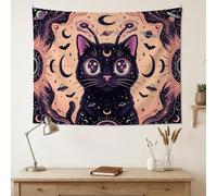 Arazzo fantasioso con gatto celeste cosmico, 101,6 x 76,2 cm | Motivi di luna celeste, da appendere alla parete, anelli ispirati a Saturno, sagome misteriose di pipistrelli
