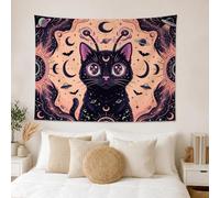 Arazzo fantasioso con gatto celeste cosmico, 152,4 x 101,6 cm | Motivi di luna celeste, da appendere alla parete, anelli ispirati a Saturno, sagome misteriose di pipistrelli