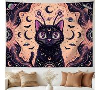Arazzo fantasioso con gatto celeste cosmico, 228,6 x 177,8 cm | Motivi di luna celeste, da appendere alla parete, anelli ispirati a Saturno, sagome misteriose di pipistrelli
