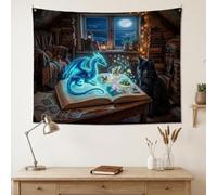 Arazzo fantasioso con scena di drago magico e gatto, 121,9 x 91,4 cm | Gatto, da appendere alla parete, libro degli incantesimi, impostazione biblioteca, atmosfera incantata, arte fantasy