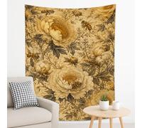 Arazzo floreale beige, peonie e api vintage, decorazione rustica per la casa per soggiorno, camera da letto, arazzo estetico per tutte le stagioni, 178 x 228 cm