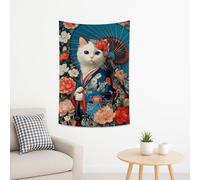 Arazzo floreale con gatto bianco, grazioso gattino dell'Asia orientale, vivace decorazione per la casa per la primavera e l'estate, arazzi fantasiosi per soggiorno, camera da letto, dormitorio 101 x