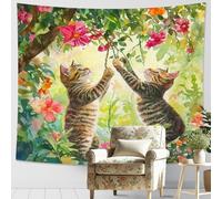 Arazzo floreale gatto acquerello colorato da appendere alla parete fiori primaverili decorazione bohemien camera da letto soggiorno regali per gli amanti dei gatti arte da parete