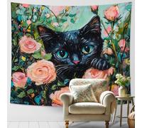 Arazzo floreale gatto - Rose colorate - Arte da parete - Arazzi estetici primaverili per soggiorno, camera da letto, arredamento accogliente - 203 x 152 cm